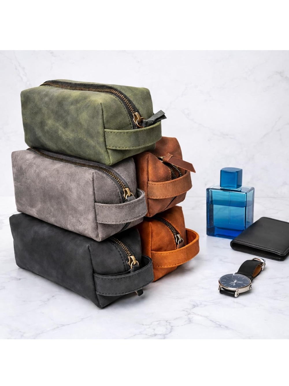 NEW Small Olive Green Leather Toiletry Bag Dopp Kit